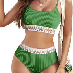 2 Piece Color Block Bikini Set Wireless Swimsuit Tummy Control High Waist Sporty Bathing Suit size L