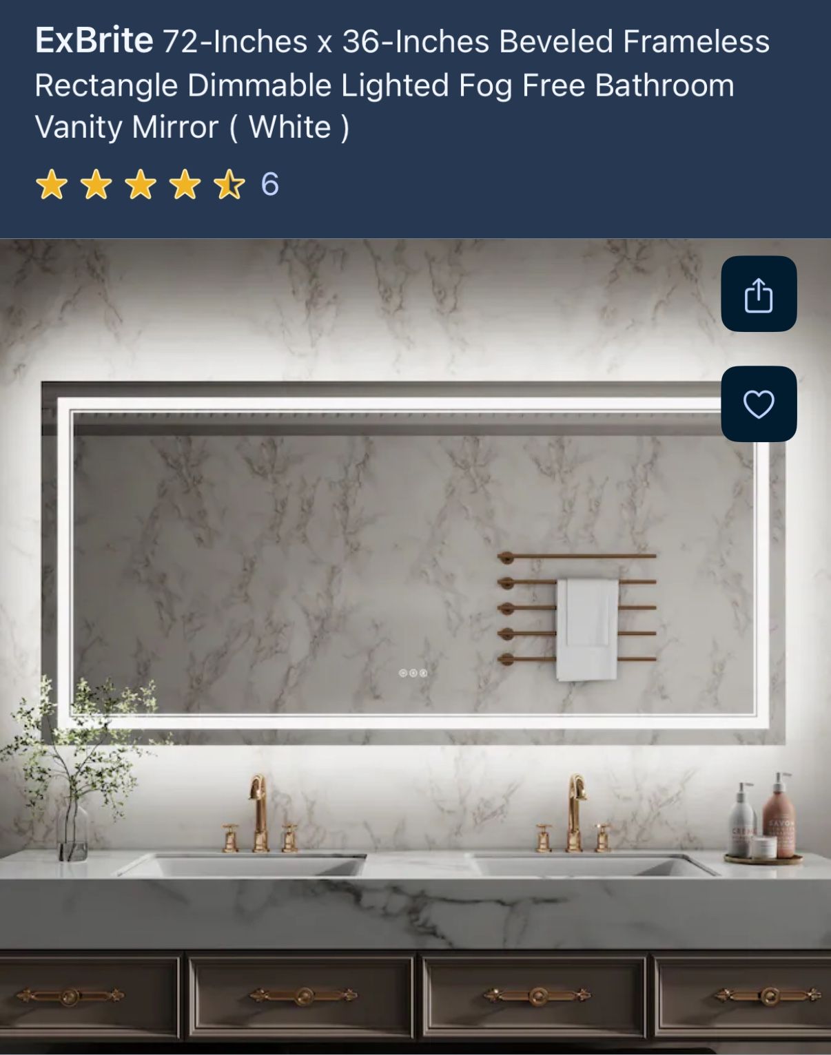 ExBrite 72-Inches x 36-Inches Beveled Frameless Rectangle Dimmable Lighted Fog Free Bathroom Vanity Mirror ( White )