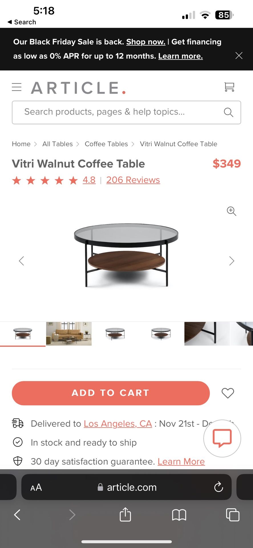 Walnut Glass Coffee Table 