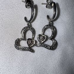 Vintage Sterling Silver Double Heart Dangle Earrings with Diamonds, Signed 
