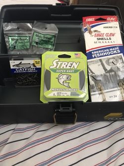 Fishing tackle box hooks fishing line catfish hooks etc.