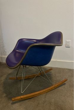 Vintage 1972 Herman Miller Eames Fiberglass RAR Rocking Chair – Blue Shell w/ Purple Upholstered Pad