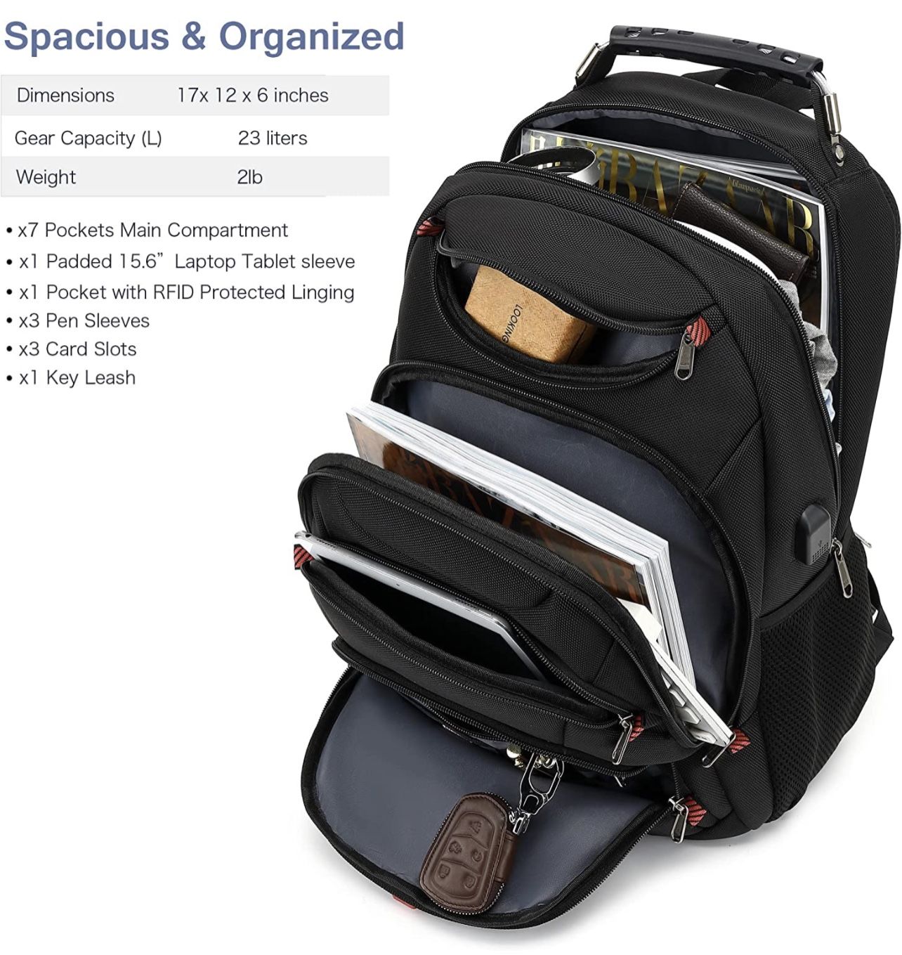 Laptop Backpack Bookbag USB Charging Port Waterproof Black