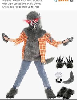 Werewolt Costume for boys, wolt suits with Light Up Red Eyes Mask, Gloves, Shoes, Tail, Fangs Dress up for Kids