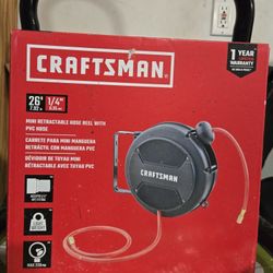 Craftsman 26' 1/4" Mini Retractable Air Compressor Hose Reel With PVC Hose, Brand new! 