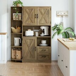 HOSTACK 60.4" Farmhouse Kitchen Pantry Storage Cabinet, Freestanding Hutch with Doors & Shelves, Buffet Sideboard
