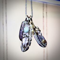 Silver Native Feathers With Turquoise And Gold Necklace New