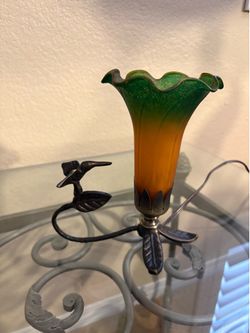 Vintage Style Hummingbird Accent Lamp Mercury Glass Lily Shade Rustic Bronzed Metal Base Botanical Floral Desk Accent Light Cottagecore