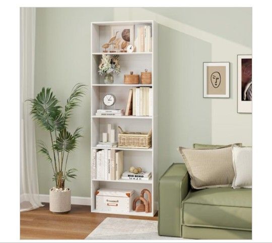 6 Tier Bookcase W/ 6 Open Shelves White Accent Furniture Organization 