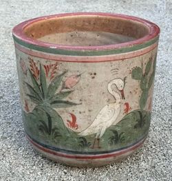Rare Vintage Tonala Mexico Ceramic Large Gainey Sized Planter Pot with Cactus Floral Animal Motif