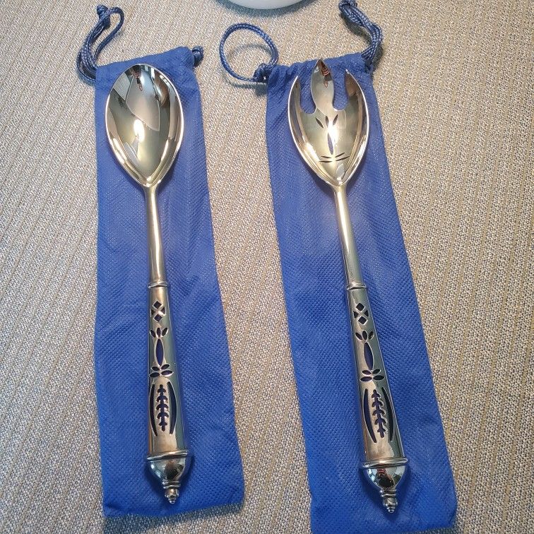 Vintage Silver Plate Salad Serving Set With Cobalt Blue Insert