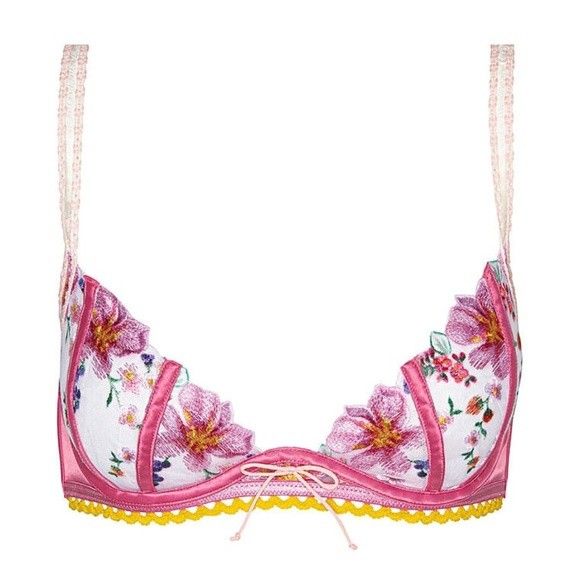 For Love and Lemons Plumeria Bouquet Embroidered Mesh Bra in Pink and Yellow XS