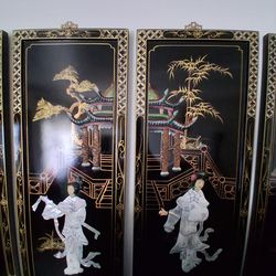 Mid Century Chinese Black Lacquer 4 peace wall panels