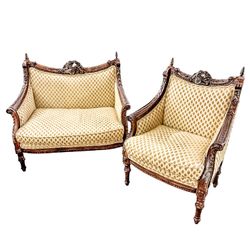 French 18th Century Louis XVI Bergere Style Upholstered Walnut Loveseat & Accent Chair Set