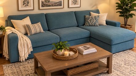 Blue Fabric Sectional Sofa with Chaise