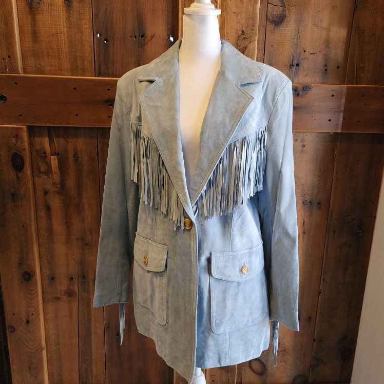 Vintage Suede Fringe Blue Jacket Medium