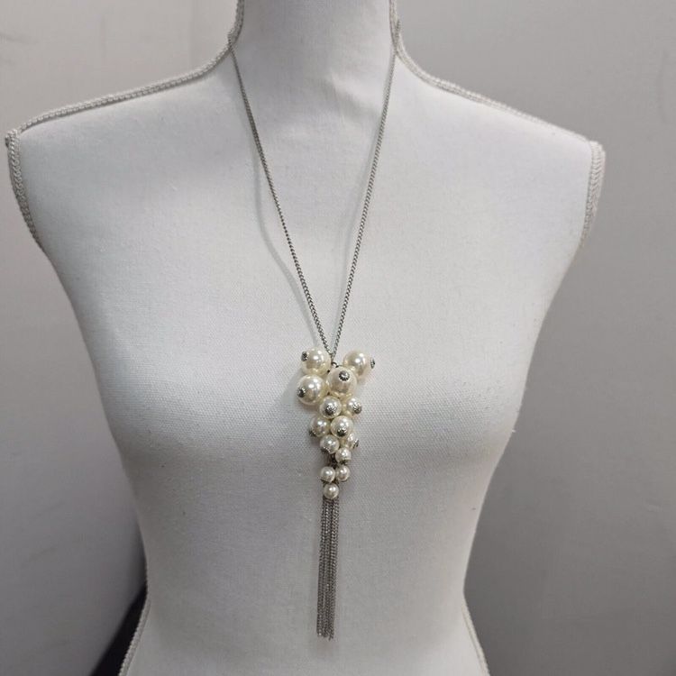 Faux Pearl Cluster Tassel Pendant Silver Tone 24" Chain Necklace Coquette Vibe