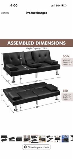 Black Faux Leather Convertible Futon Sofa Bed