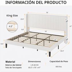 SHA CERLIN King Size Velvet Bed Frame with Shelf, Station. White
