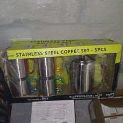 New Alpine Mountain Stainless Steel Coffee Set W/ 4 Mugs, Makes 9 Cups. Box Torn On Left Side