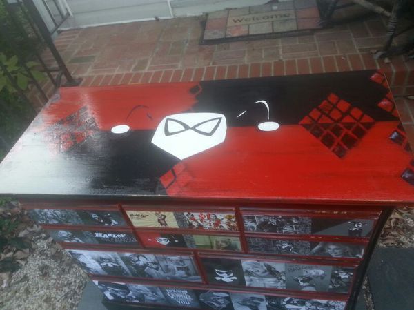 Hand Painted Decoupaged Distressed Harley Quinn Dresser For Sale