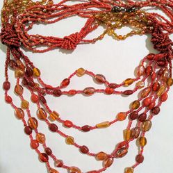 30" Garnet And Amber Beaded Statement Necklace 