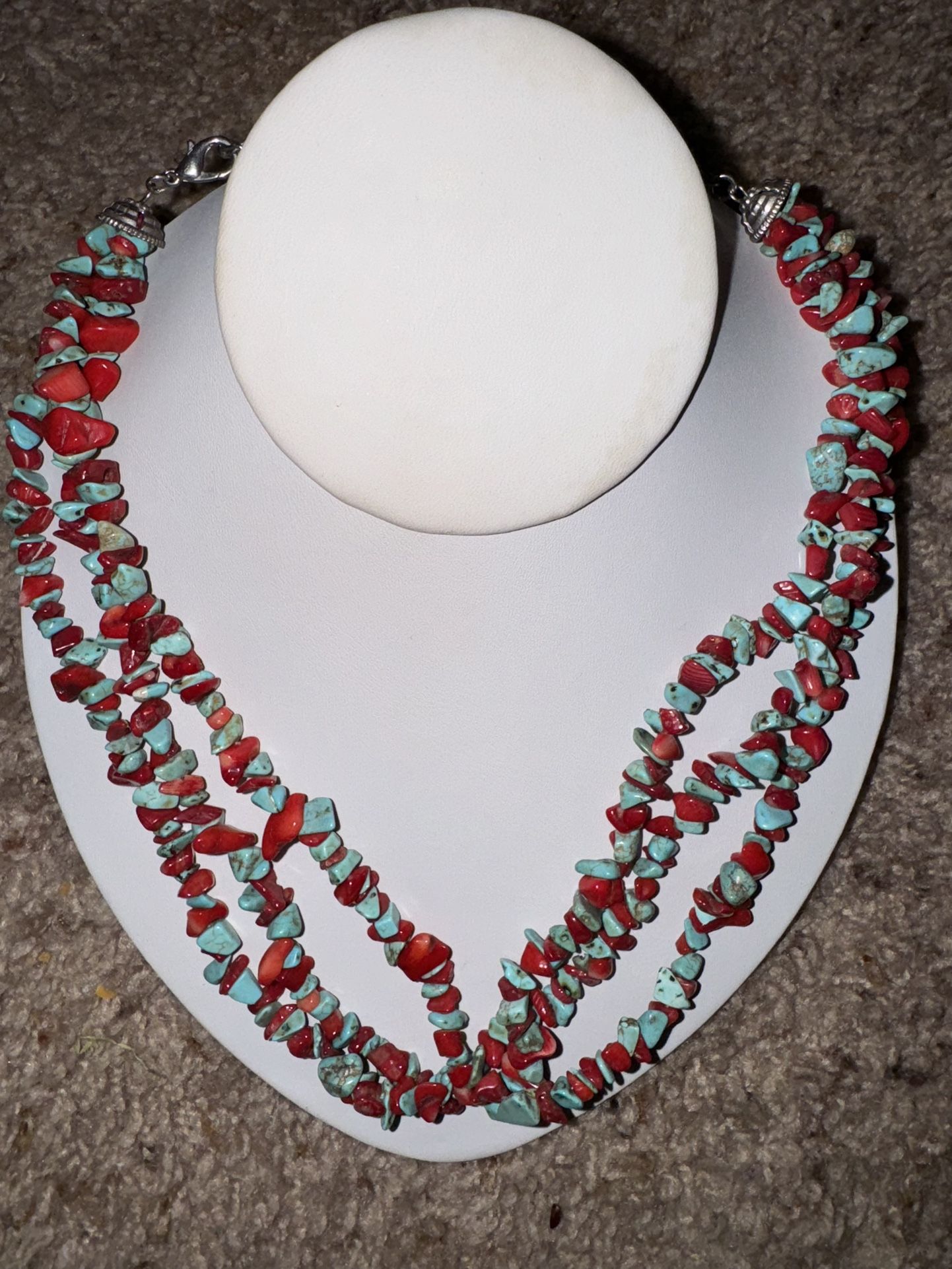 Vintage Beautiful Coral & Turquoise 3 Strand Stone Necklace