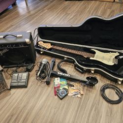 Fender Squier Guitar Set - Amp, Hard Case, Stand, Pedal, Stool, Mic, +
