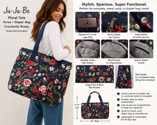 Ju-Ju-Be Navy Floral Tote Diaper Bag Purse Shoulder Bag Crossbody Ready Strap Hooks Multi Pocket Travel Work Bag