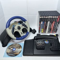 Playstation 2 PS2 Mad Catz MC2 MicroCon Racing Wheel & Pedals Bundle w/ 13 Games