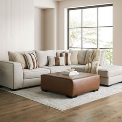 Brand New Beige & Brown Plush Sectional Sofa (Pillows Included)(Ottoman Sold Separately)