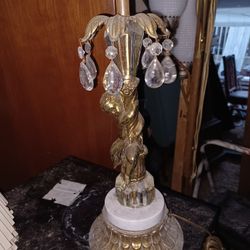 Vintage Brass And Marble Lamp With Hanging Crystals