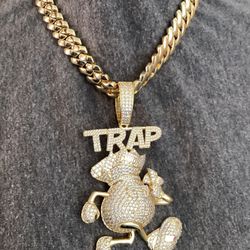 Mens 5A CZ Diamond 💎 Ice Out Famous Trap Money Bag Big Charm Pendant  12MM Cuban Chain