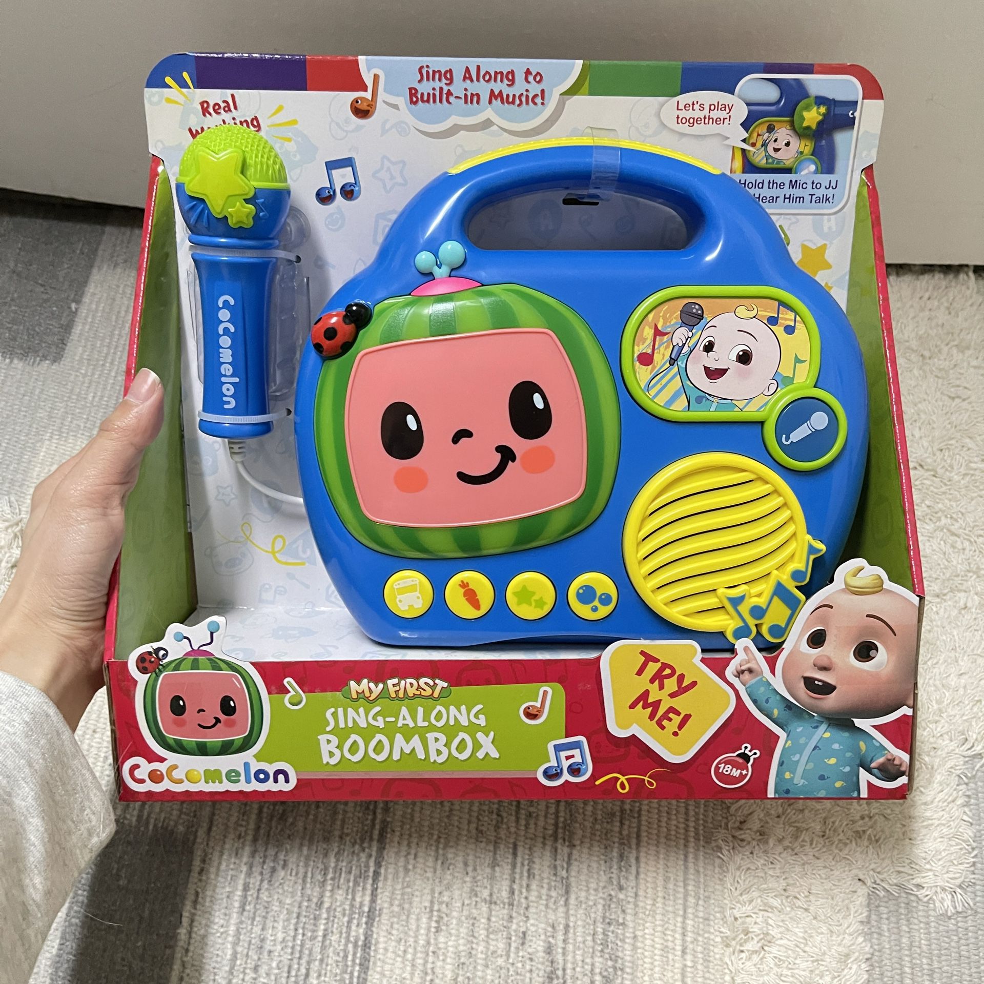 EKids Cocomelon Toy Singalong Boombox with Microphone for Toddlers, Built-in Music and Flashing Lights, for Fans of Cocomelon