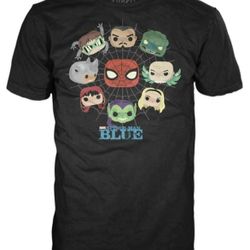 Spiderman BLUE Funko Pop Shirt Sticker Pin *BRAND NEW* Marvel MCC Peter Parker Miles Morales Gwen Octopus Lizard Sinister Six Spiderverse Small 2XL