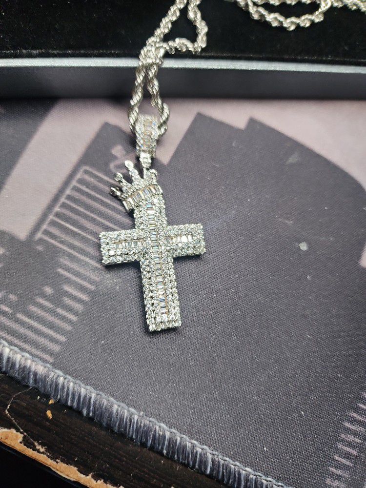 Bling Hip Hop Necklace Cross With Crown White Gold Look