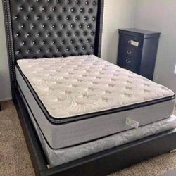 New Queen Size Black Leather Bed With Promotional Mattress And Box Spring Including Free Delivery