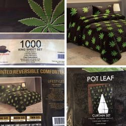 Pot leaf king set included 1 comforter 2 pillowcases 1 fitted1flat sheet .5 pieces curtain set