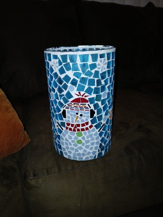 Mosaic Glass Candle Holder Snowman 