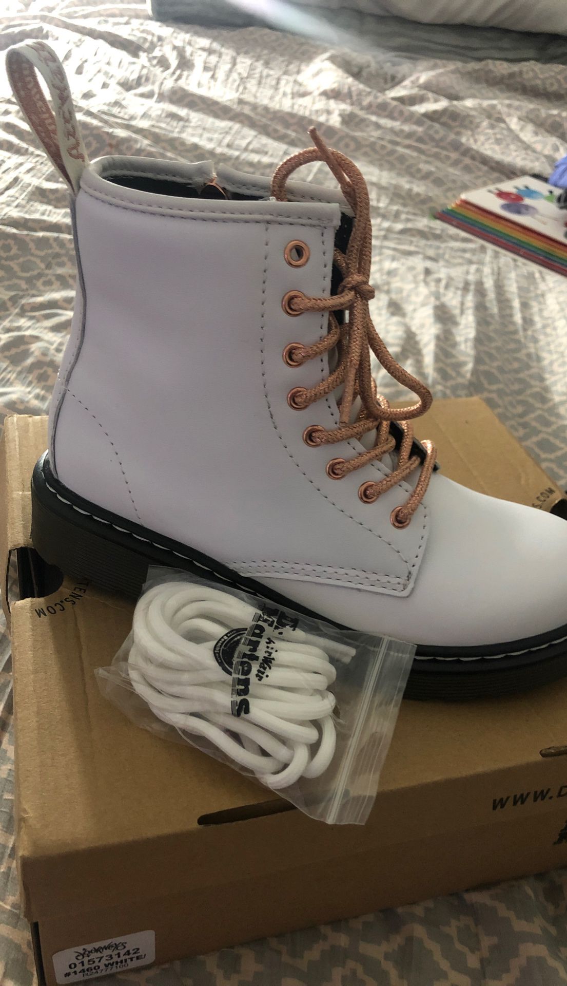 NEW Girls size 2 Rose Gold and White Doc Marten Boots NEW