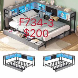 Full Corner Bed Frame with Storage Drawers and Bookcase Headboard（F734-3）