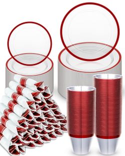 350PCS Disposable Clear Red Dinnerware Sets for 50 Guests, Plastic Plates for Party, 100 Plastic Plates, 50 Cups, 50 Pre-Rolled Napkins with Cutlery f