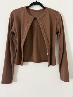 Brown Ribbed Button Up Cardigan Top