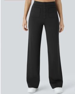 Halara Halo-Tek Air High-Waisted Button-Front Straight Leg Pants Med Reg Black