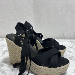 Lulus Esme Espadrille Wedges Canvas Lace Up Sandals 8.5 Black Summer Resort Boho