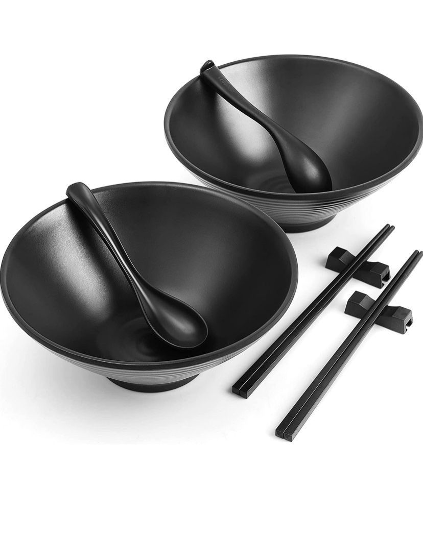Edward Appliances & Supplies - Black Melamine Ramen Bowls Set of 2 Bowls, Chopsticks, Spoons and Stands, Big Size 57 oz, Pho Bowls Large, Rice, Noodle