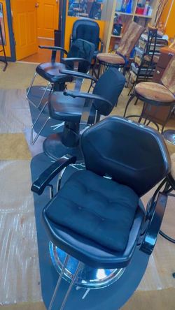 4 back chairs and 4 brown salon stations for hairdressers