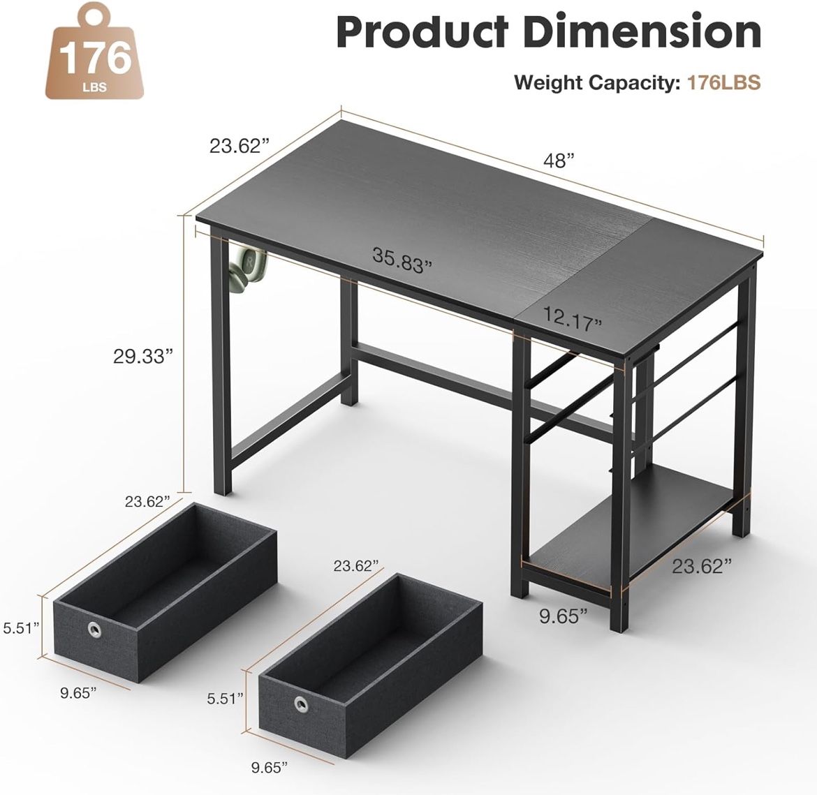 47 Inch Computer Desk, Small Office Desk with Storage Drawers, Modern Simple Style Writing Study PC Work Table for Home Bedroom Small Spaces