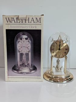 Vintage Waltham Anniversary Clock Glass Dome Quartz Mantel Clock w Box