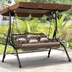 AECOJOY 3-Seat Outdoor Patio Swing Chair, Large Converting Canopy Porch Swing Glider, Hammock Lounge Chair for Porch, Rattan Wicker Steel Frame Cushio